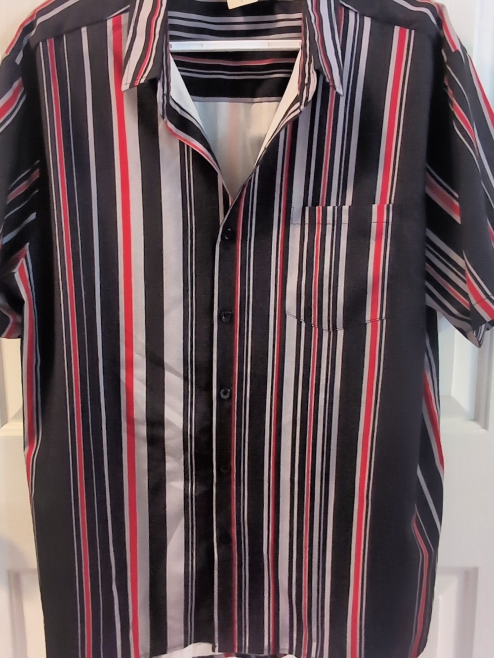 Men's Short Sleeve Vertical Stripe Button-Down Shirt - Black, Red & Grey